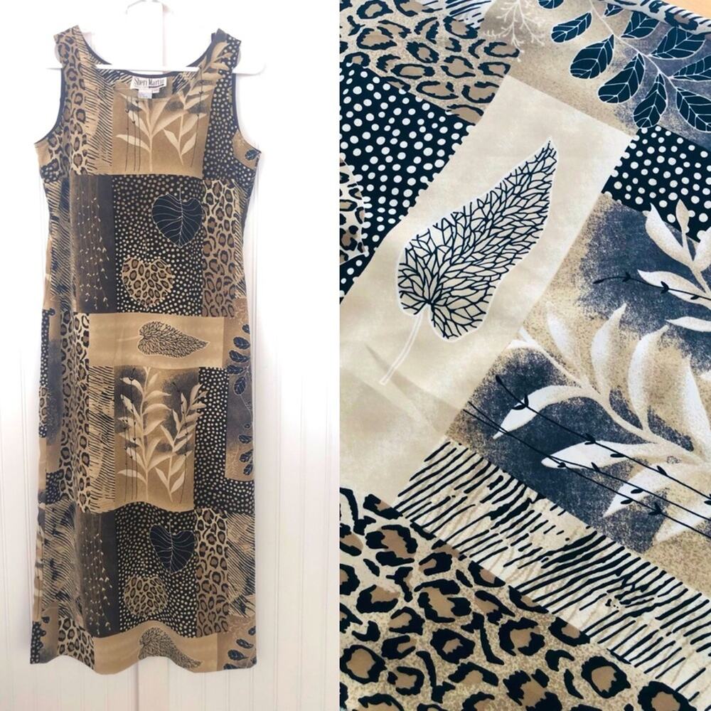 Vintage 80s 90s Animal Print Long Summer Dress Neutral Mixed Pattern Funky 10